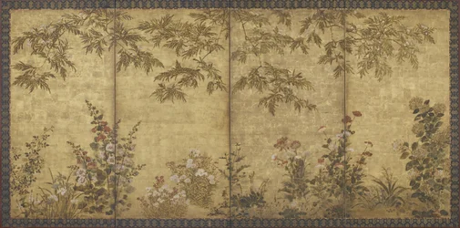 ミモザの木、ポピー、葵、その他の花、江戸時代、1630〜70年（インク、紙の上に色と金色）
